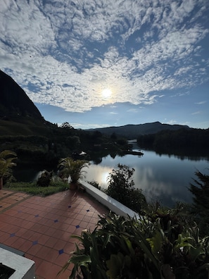 Una vista tranquila de un lago, con un paseo de baldosas y abundante vegetación.