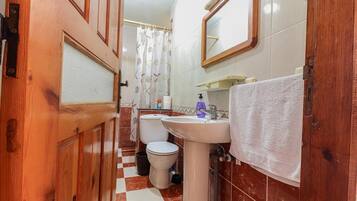 A bathroom with a wooden door, a white sink, a toilet, and a shower curtain.