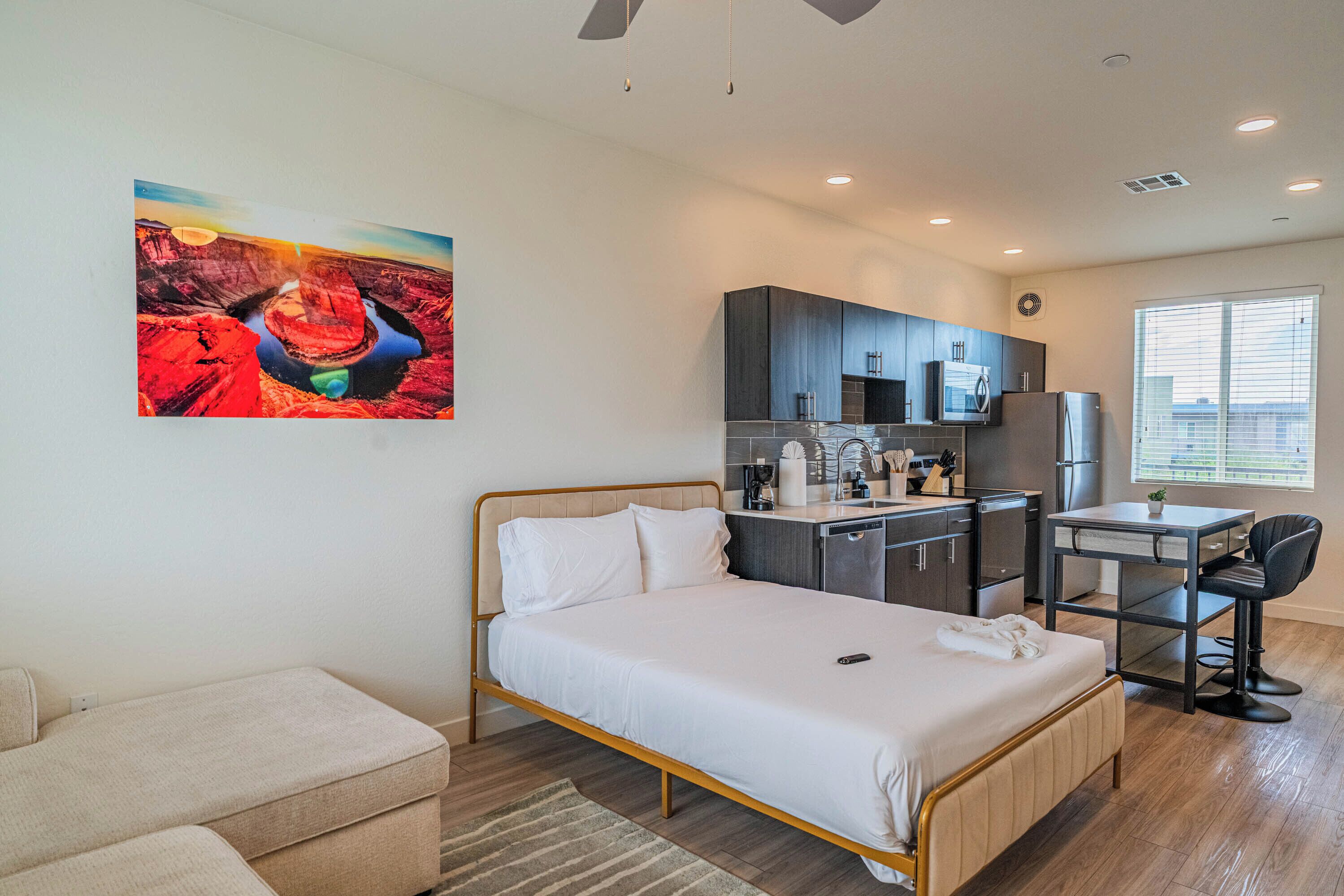 Studio, 1 Queen Bed, Non Smoking | Desk, laptop workspace, iron/ironing board, free WiFi