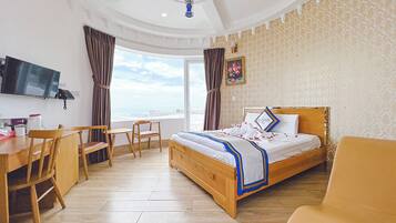 Desk, laptop workspace, blackout drapes, soundproofing