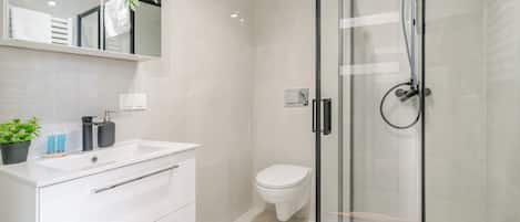 Shower, hair dryer, towels