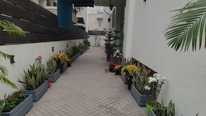 En smal sti kantet af plantekasser med forskellige blomster og planter, der fører hen til en bygning med et blåt markise.