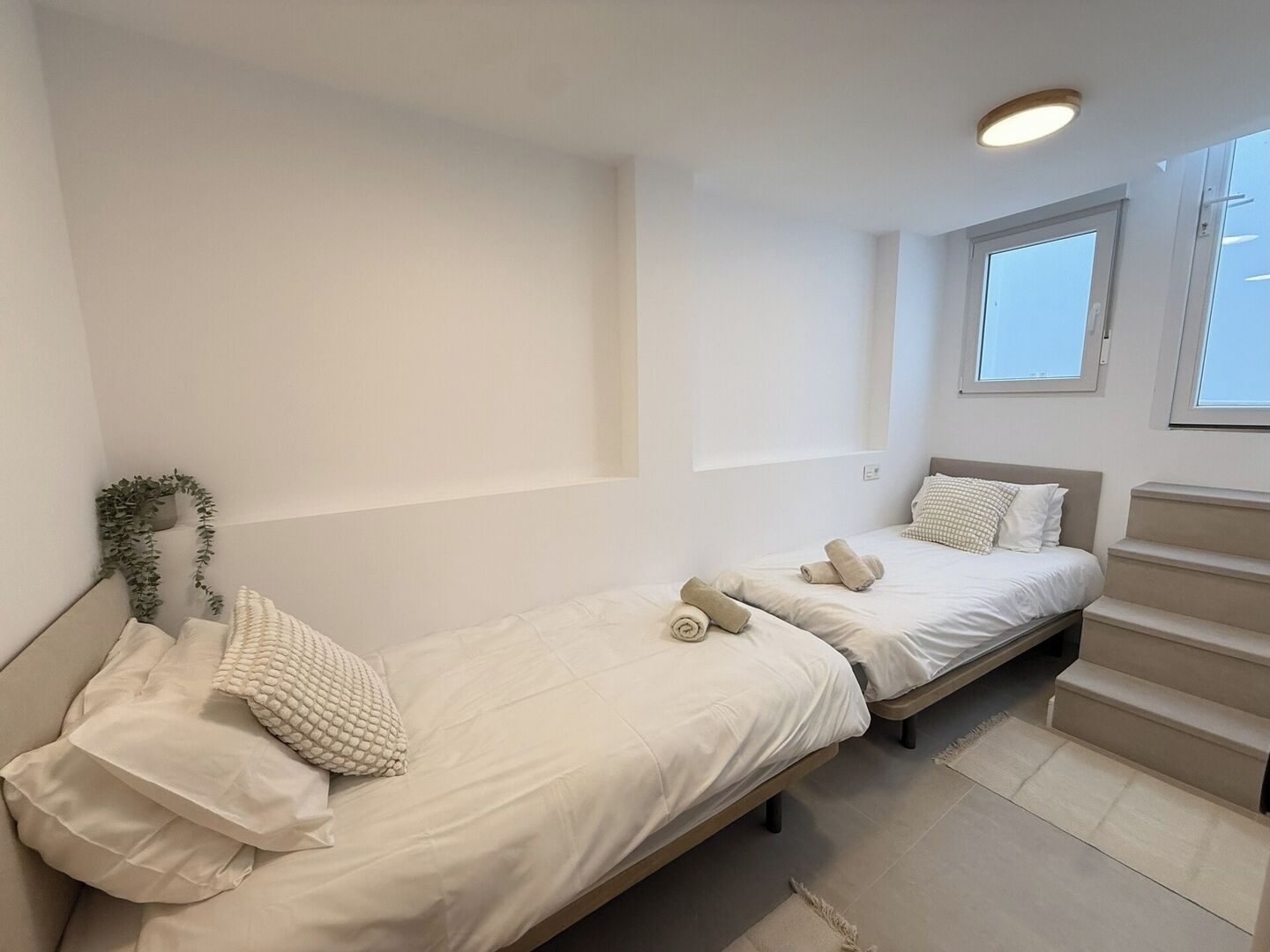 Una habitación con dos camas individuales, una ventana pequeña, una escalera y una planta en la pared.