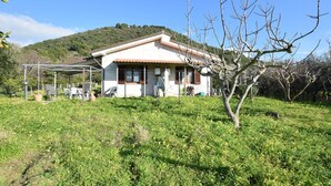 Una casa de planta baixa amb teulada inclinada, zona de porxo coberta i antena parabòlica.