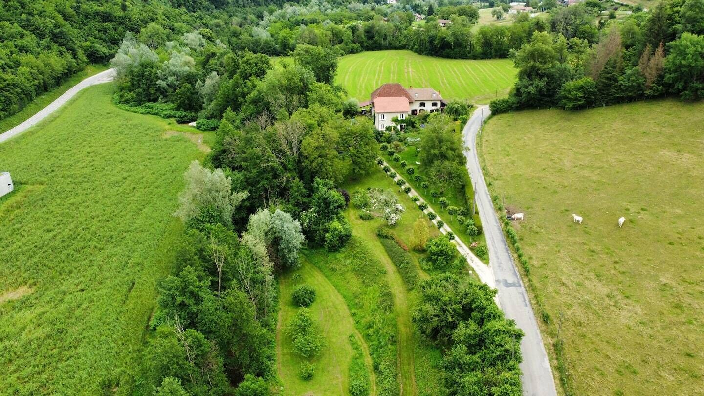 An aerial view of a rural property with a large house surrounded by lush greenery, a winding road, and a field with grazing animals.