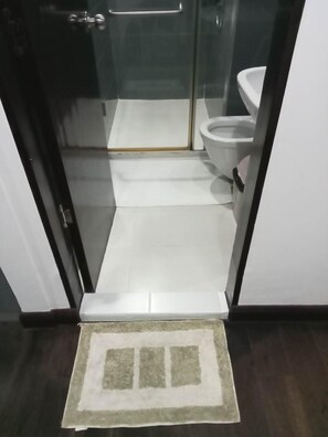 Regadera, bidet, toallas, jabón 