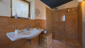 A bathroom with a large sink, two mirrors, a shower, and a wooden crate. - Cozy home in Lucignano (Lucignano)