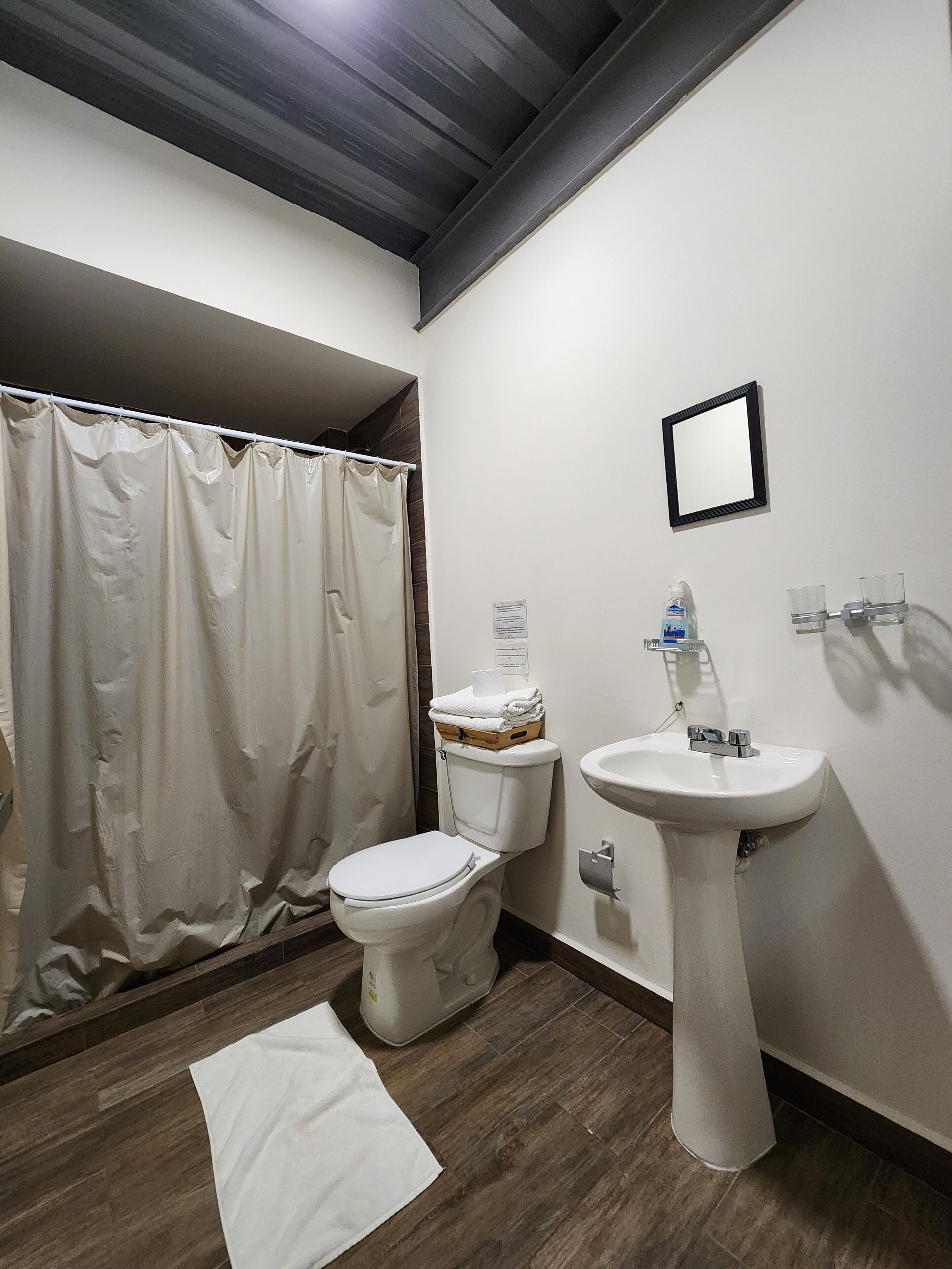 A bathroom with a toilet, sink, and shower curtain.