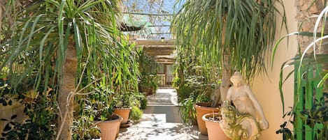 A narrow pathway flanked by potted plants and a statue, leading to a building with a green roof.