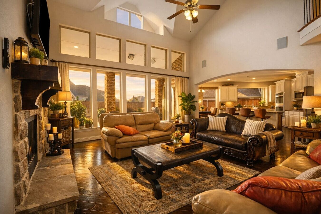 TV, fireplace, books