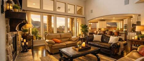 TV, fireplace, books