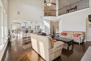 TV, fireplace, books