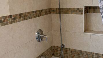 Hair dryer, towels, soap, shampoo