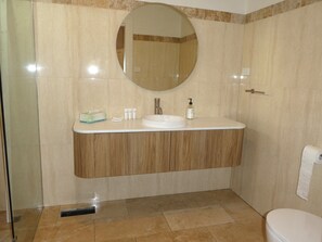 Une salle de bain équipée d’un lavabo, d’un miroir, de toilettes et d’une douche.