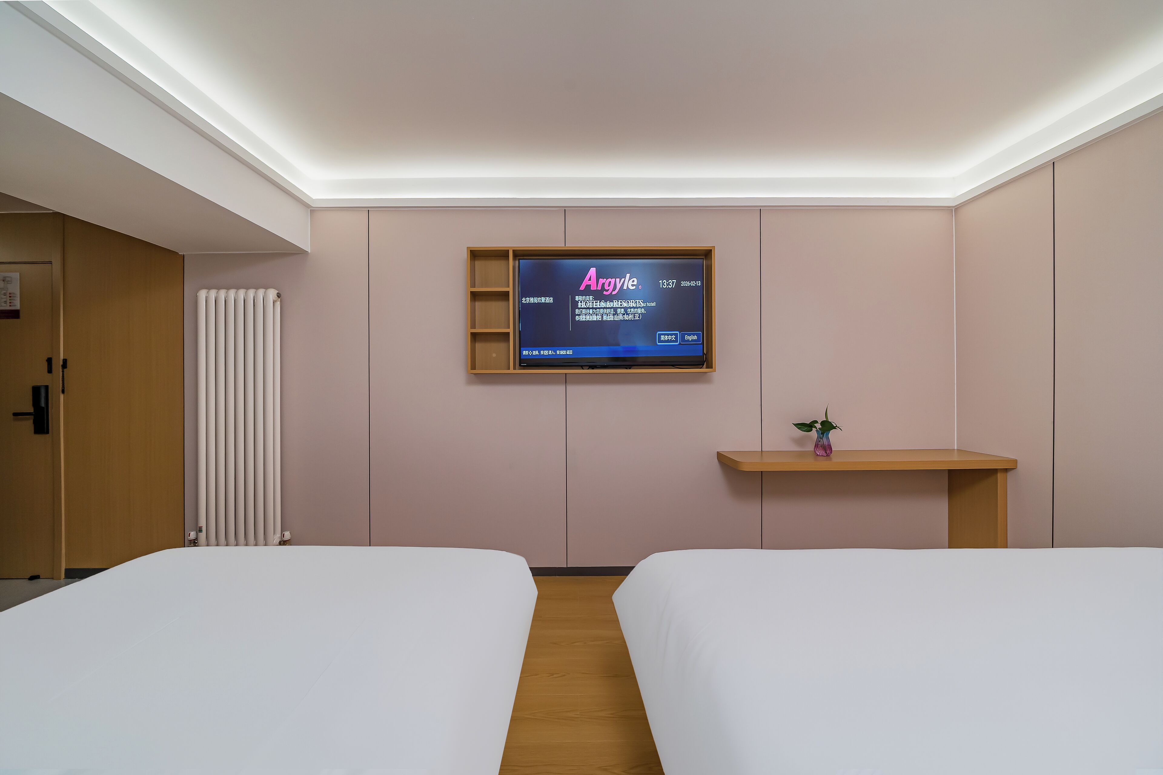 Une chambre d’hôtel avec deux lits, un téléviseur fixé au mur, une petite plante posée sur une étagère en bois et un radiateur.