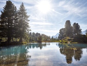 A serene lake surrounded by tall trees and mountains in the background. - Chalet Fliana by Interhome (Ischgl)
