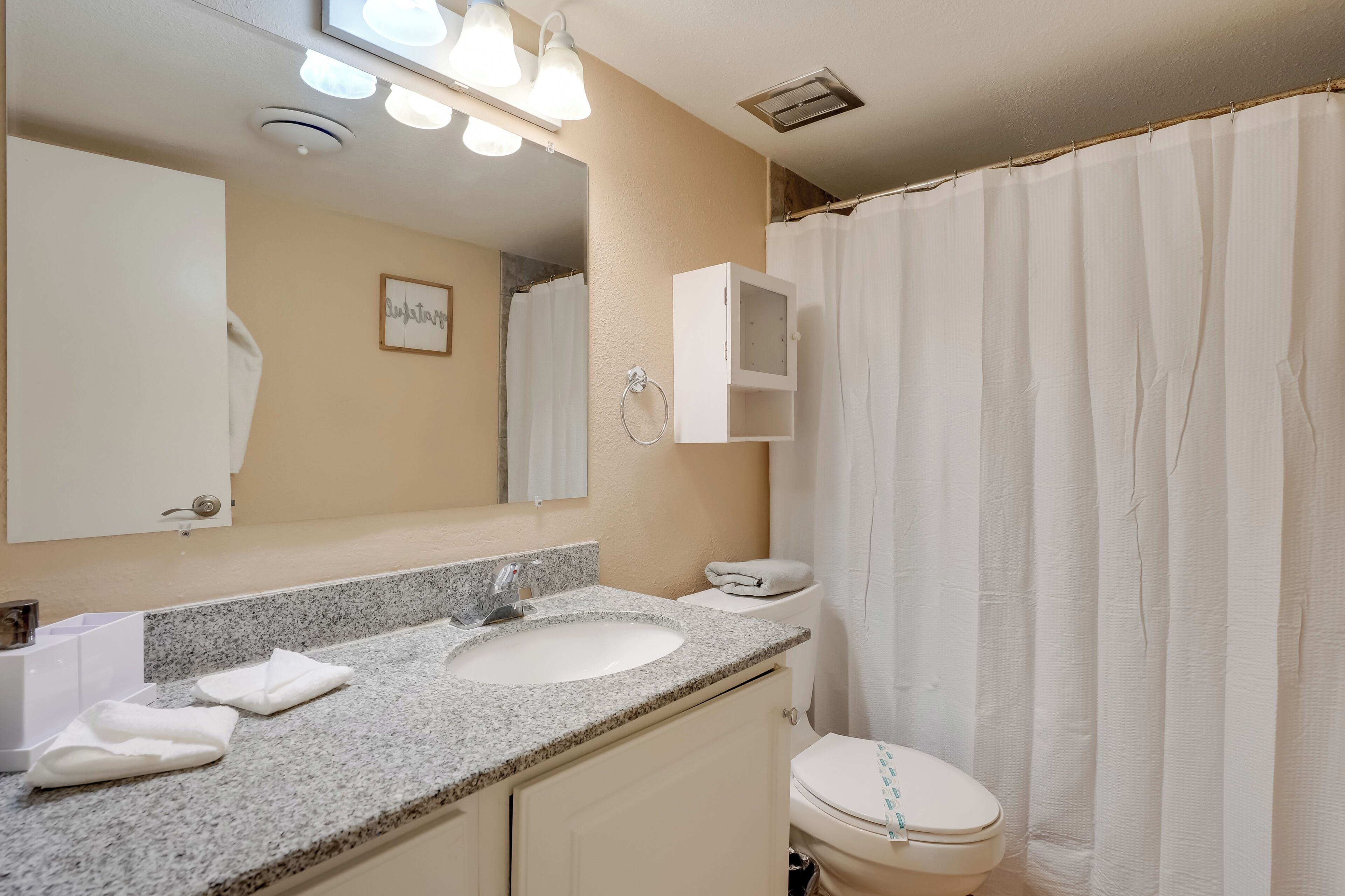 Une salle de bain équipée d’un lavabo, d’un miroir, de toilettes et d’un rideau de douche.