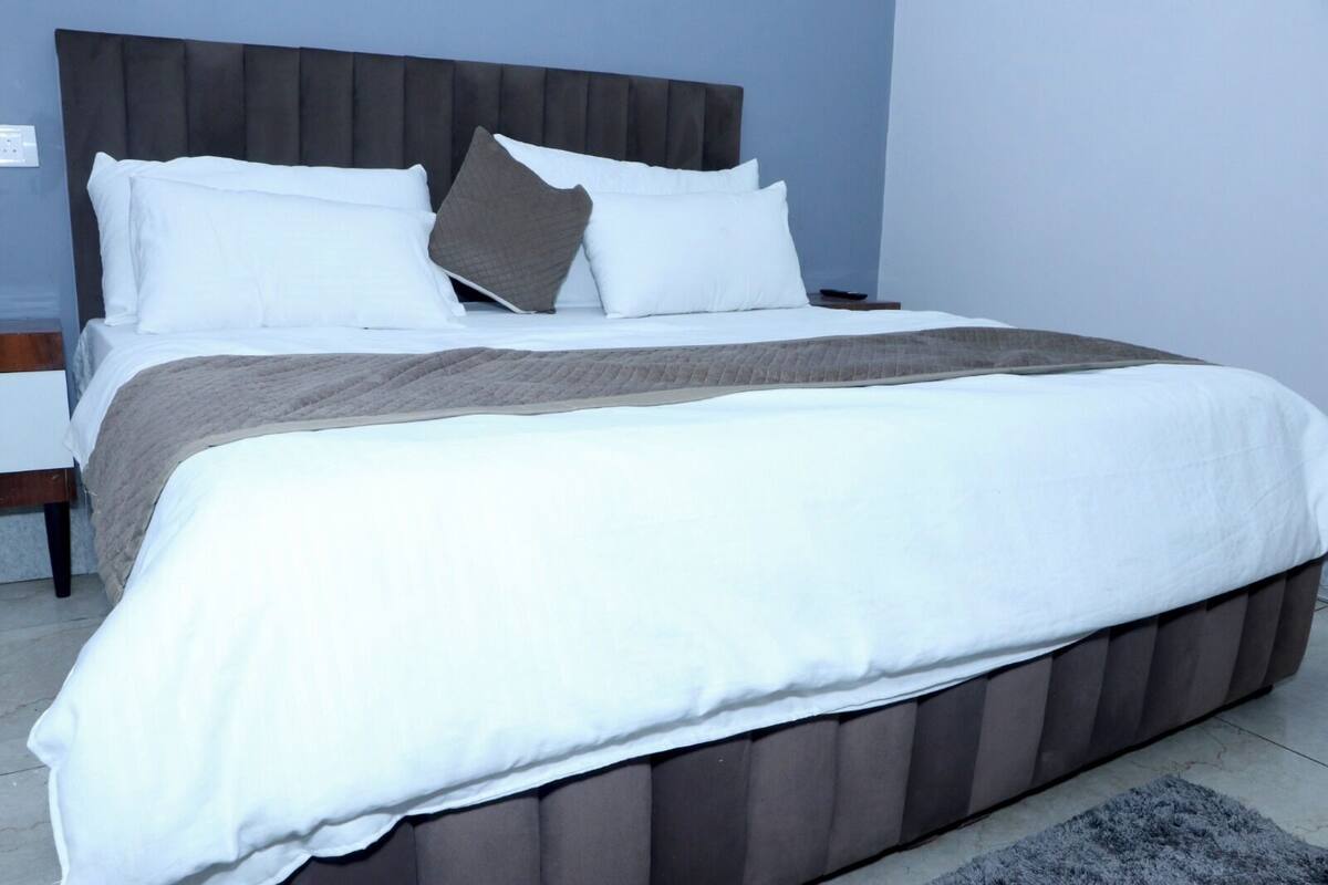 A neatly made bed with white and gray bedding, a dark headboard, and a gray rug on the floor.