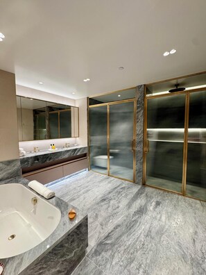 Exclusive-sviitti, 1 suuri parisänky, tupakointi kielletty | Kylpyhuone | Hiustenkuivaaja, pyyhkeet, saippua, sampoo