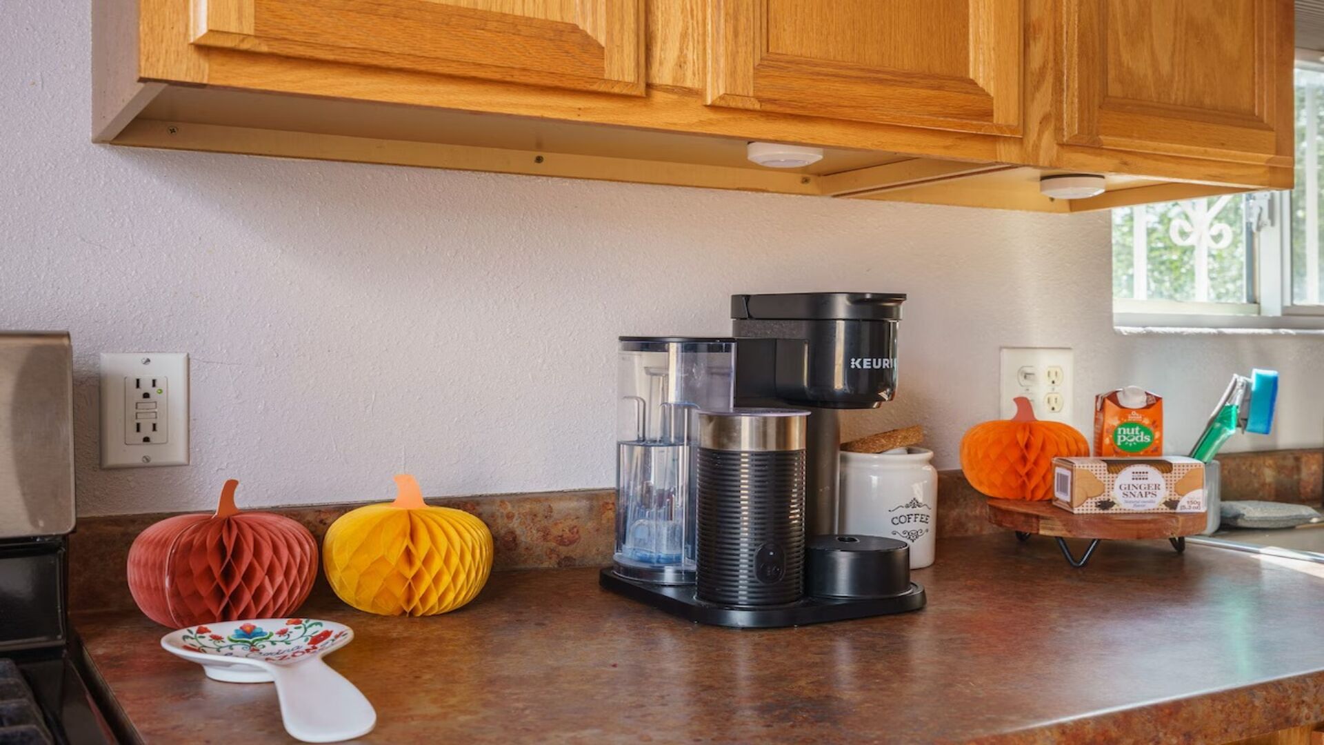 A kitchen with wooden cabinets, a coffee maker, a pumpkin decoration, and a coffee pot on the counter.