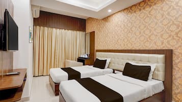 1 bedroom, desk, bed sheets