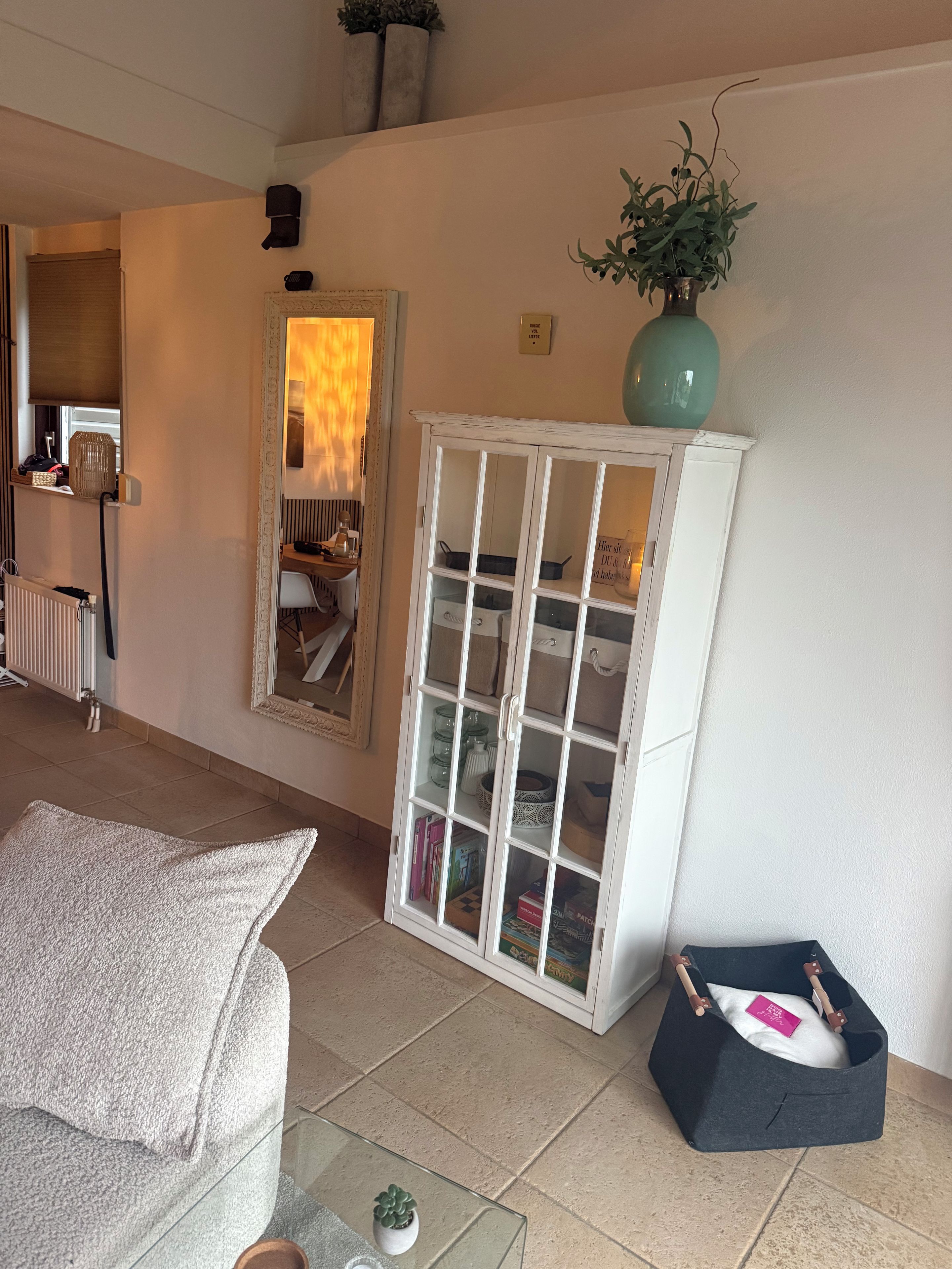 Un salon avec une table basse en verre, un canapé blanc, un meuble blanc avec des portes en verre et une petite plante posée sur une étagère.
