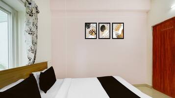 1 bedroom, desk, bed sheets