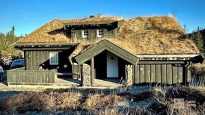Une cabane avec un toit de chaume, une façade en bois et un petit porche.