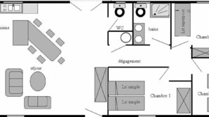 A hotel layout with a kitchen, dining area, TV, ensuite bathroom, and three bedrooms. - Villa La Treille 1 for 8 people (Grospierres)