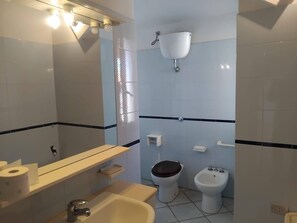 Een douche, een haardroger, een bidet, handdoeken