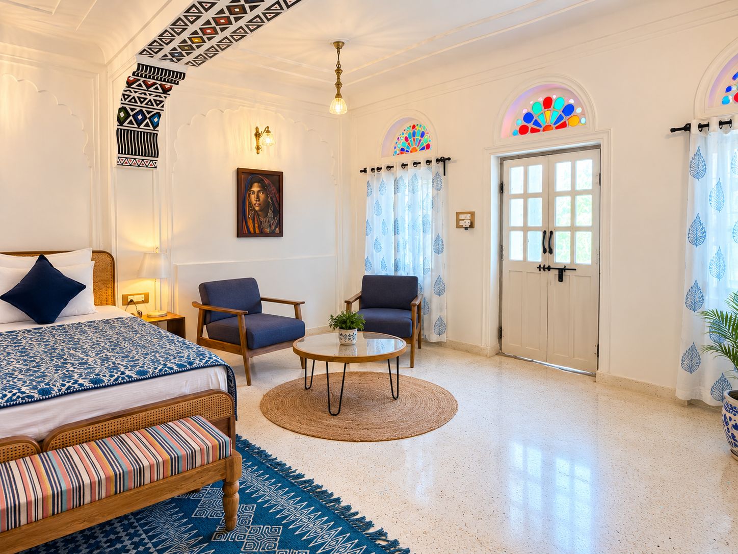 Habitación de hotel con cama, dos sillones, una mesa redonda para café y una puerta con ventana.