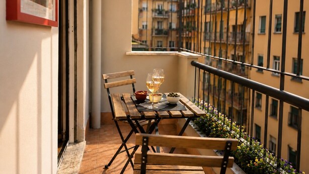 Un balcon avec une table en bois, deux verres de vin blanc, un bol d’olives et un petit bol de noix.