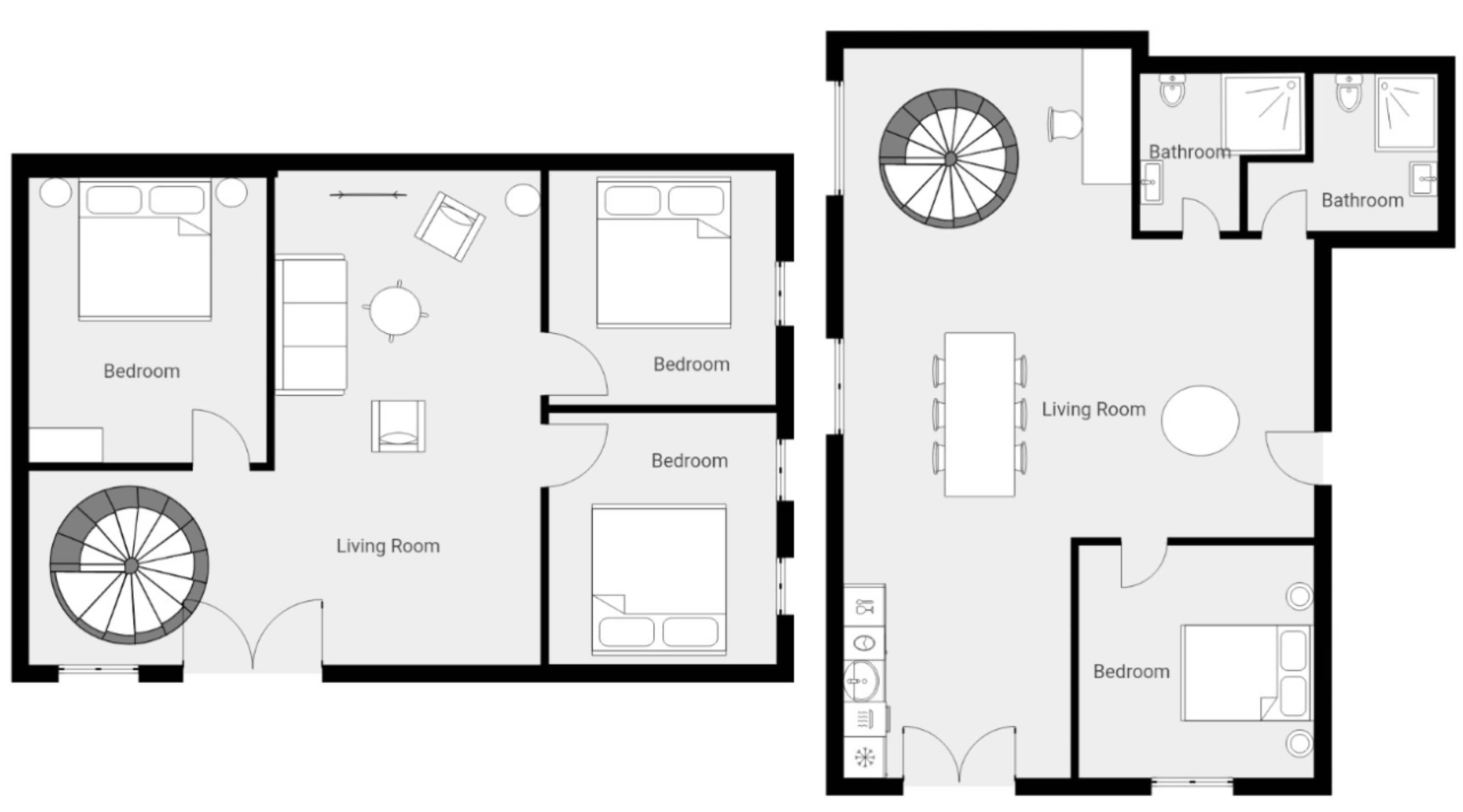 Un plan d’étage comprenant trois chambres, un salon et deux salles de bain.