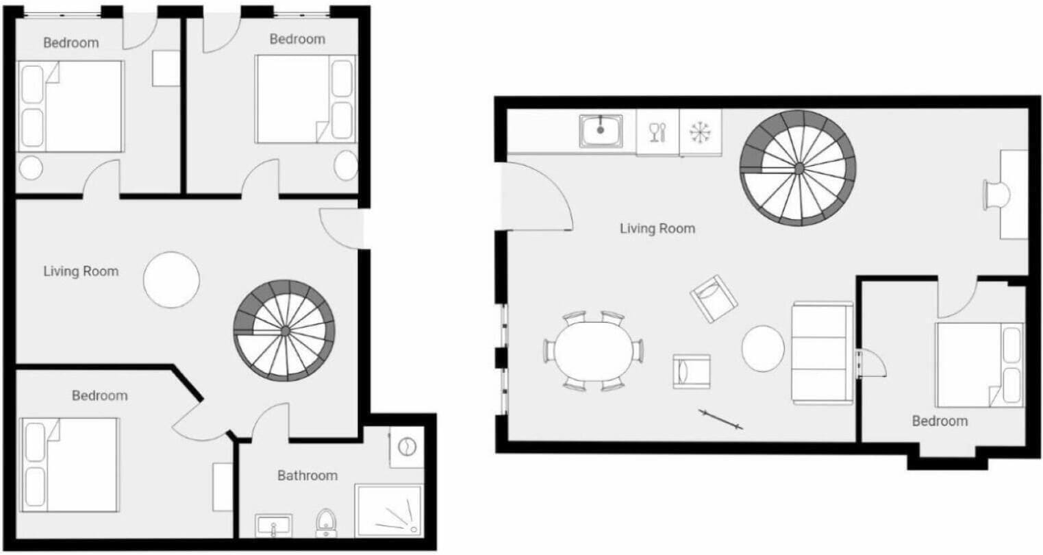 A floor plan with two bedrooms, a living room, and a bathroom.