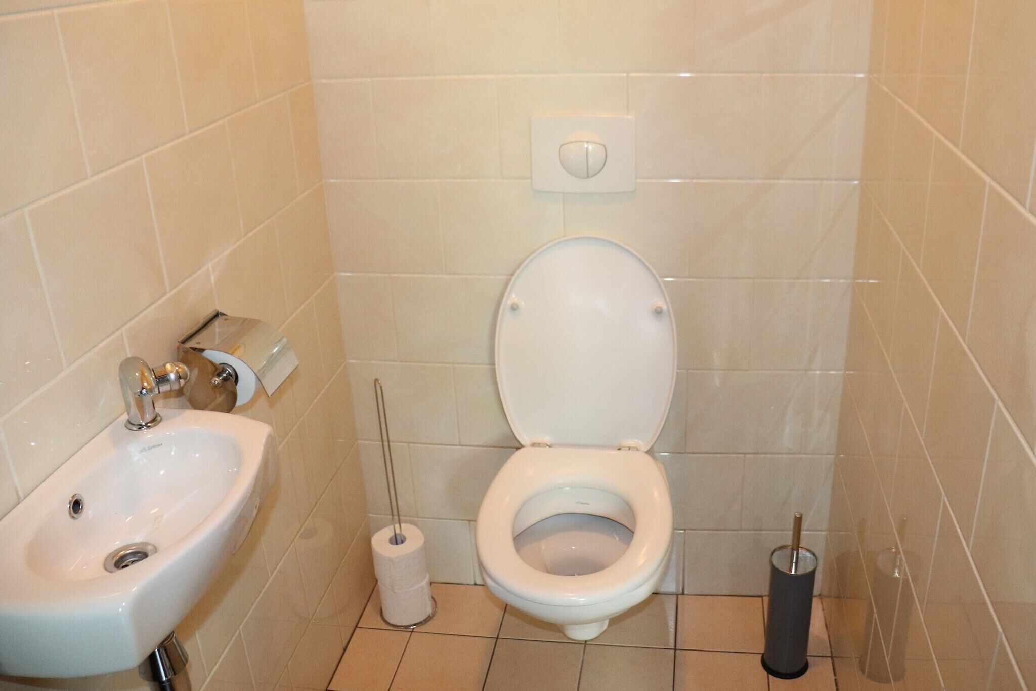 A small bathroom with a toilet, sink, and toilet paper holder.