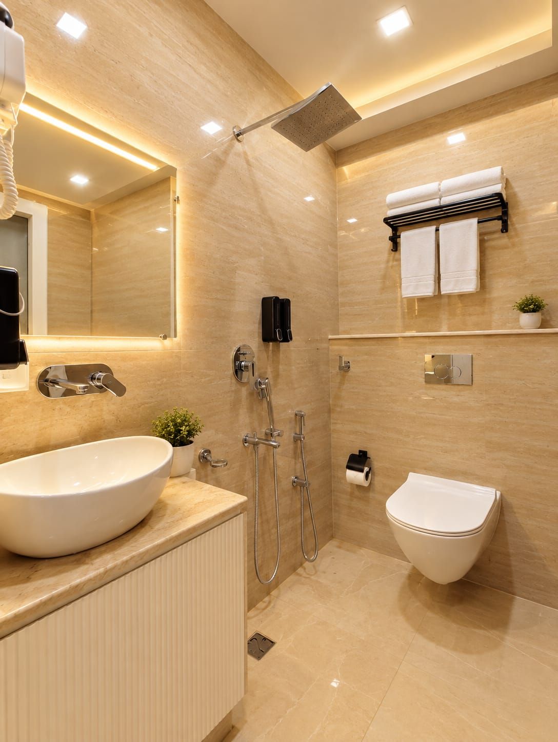 A modern bathroom with a large sink, a bidet, a shower, and a toilet.
