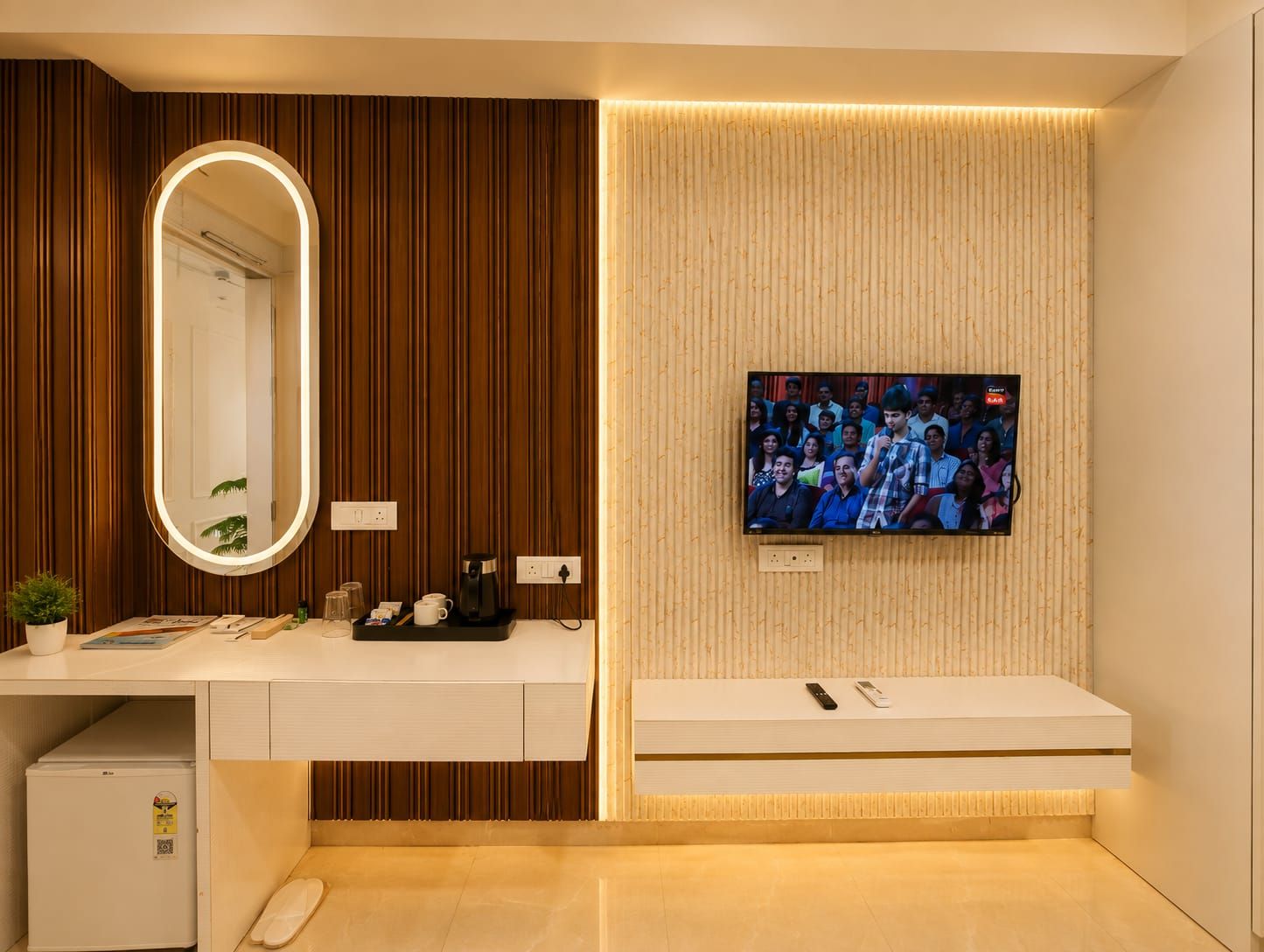 Une salle de bain moderne équipée d’un meuble-lavabo, d’un miroir, d’un téléviseur fixé au mur et d’un petit réfrigérateur.