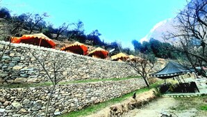 A stone wall with a pathway leading to a series of tents with orange canopies. - Ronak Happy Stay River Side Camping (Balichauki)