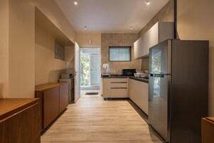 Fridge, dining tables