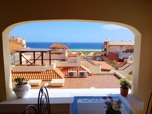 A balcony with a view of the sea, potted plants, and a pergola.