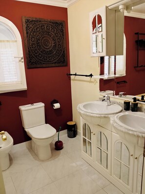 Douche, séchoir à cheveux, bidet, serviettes fournies
