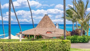 Ein Gazebo mit kegelförmigem Dach, umgeben von üppigem Grün und Palmen, mit Blick auf ein klares, blaues Meer.