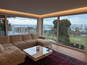 Televisie, een open haard en een stereo