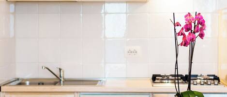 冷蔵庫、オーブン、調理器具と食器