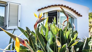 Un bâtiment blanc avec une fenêtre, une porte et un balcon.