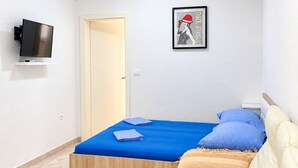 A room with a bed, a sofa, a small table, a television, and a door. - Studio Apartment Vir 2 (Vir)