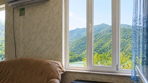A room with a window overlooking a forested hillside, a sofa, and an air conditioning unit. - Guesthouse Noestan (Acharistskali)