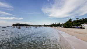 Una spiaggia con acque calme, una riva sabbiosa e un'isola distante ricoperta di alberi.