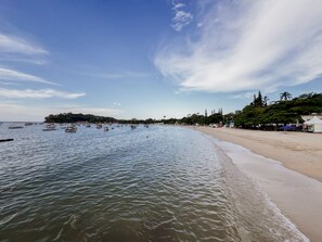 Ein Strand mit ruhigem Wasser, sandigem Ufer und einer entfernten, von Bäumen bewachsenen Insel.