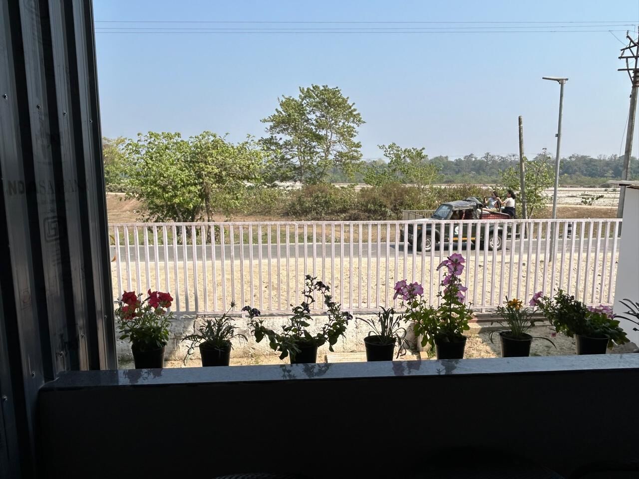 A balcony with potted plants and a view of a fenced area with trees and a parked vehicle.